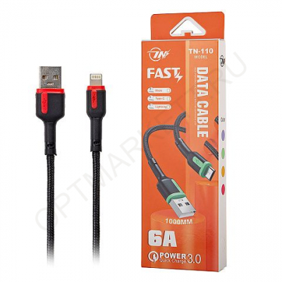 Кабель USB  TN-110i (6A Quick Charge 3.0 - 1 м.) текстильный (разъём Lightning, цвет чёрно-красный, 